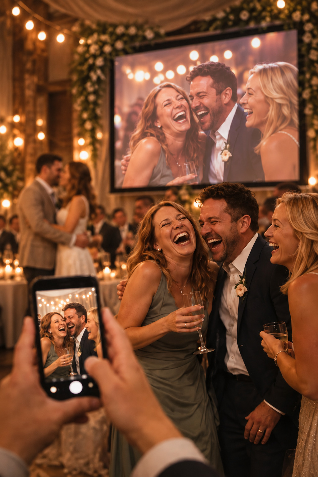 Photo de mariage affichée sur écran géant pendant la soirée